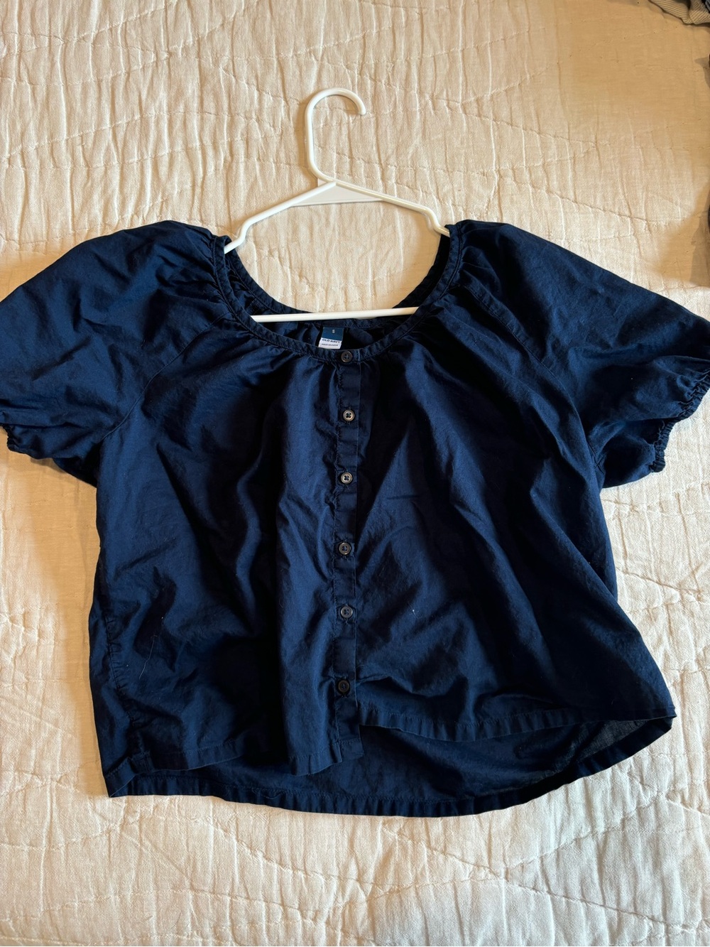 Navy Button-Front Short Sleeve Top